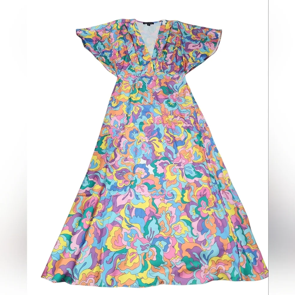 Boston Proper Abstract Sol Print V Neck Colorful Floral Maxi Dress. M - Picture 3 of 14